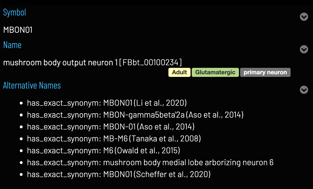 Label and synonyms for 'mushroom body output neuron 1'